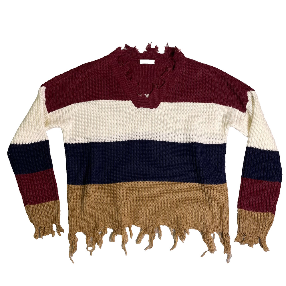 Full Circle Trends Color Block Knit Sweater Womens 1X Burgundy Camel Distressed